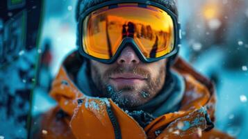 Man skier admiring the snowy mountain peak on a chilly winter day photo