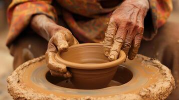 Potter carefully molds wet clay on a spinning wheel to shape a clay pot using their hands photo
