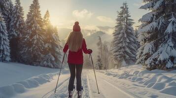 Woman is cross-country skiing through a snowy forest at sunset, enjoying the peace and quiet of nature photo