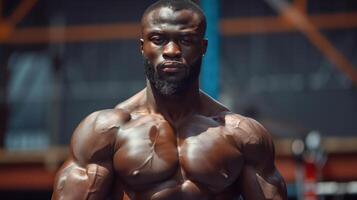 Confident bodybuilder takes a break after a tough gym workout, showing determination and strength. Muscles glisten with sweat, reflecting intense focus and dedication to fitness photo