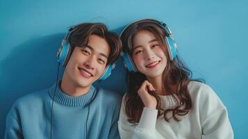 Asian couple happily listens to music with headphones on a blue background, radiating love and togetherness in a stylish, trendy studio portrait photo