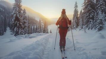 Woman athlete takes in the stunning mountain views while ski touring uphill at sunset photo