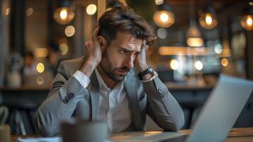 Businessman looks concerned as he holds his head while staring at his laptop screen photo