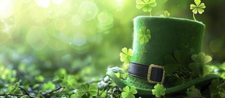 Leprechaun hat is laying on shamrocks with a blurry background with sparkling lights for a festive saint patrick's day atmosphere photo