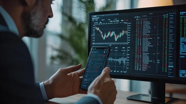 valores mercado comerciante es analizando cartas en su computadora y teléfono inteligente aplicación a hacer informado comercio decisiones foto