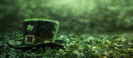 Get lucky with this vibrant image of a festive leprechaun hat and shamrocks on a green bokeh background, perfect for celebrating st. Patrick's day. photo