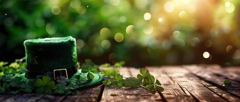 Leprechaun hat on wooden table with green clover and bright green background photo