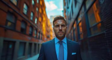 Ambitious businessman exudes confidence and determination as he walks through urban alley in sharp suit. Icon of corporate success in city setting photo