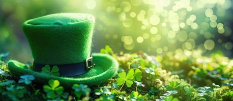 Leprechaun hat resting on a clover patch with a blurred background and bokeh for a festive saint patrick's day concept photo