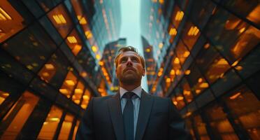 Man in a business suit gazing up at the towering cityscape at night photo