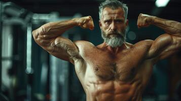 Strong, shirtless senior man with gray hair and beard is flexing his muscles in the gym photo