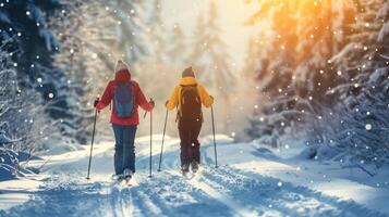 Two friends are embracing the winter wonderland while cross country skiing in a snowy forest photo