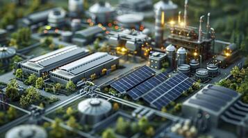 Lush vegetation and solar panels surround small industrial buildings, generating renewable energy photo