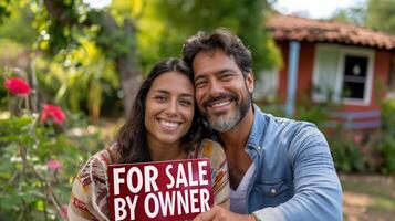 Young couple happily holding a for sale by owner sign in front of their home photo