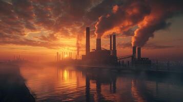 Industrial factory is releasing pollution into atmosphere at sunset, with its reflection in water photo