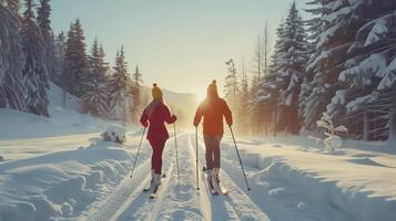 Couple enjoying a sunny winter day cross-country skiing through a snow-covered forest trail photo
