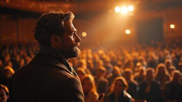 Dynamic speaker delivers an inspiring keynote address at a corporate event, engaging the crowd with his profound wisdom photo