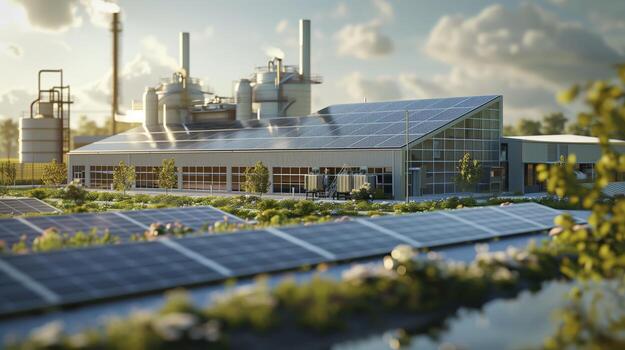 Rows of solar panels providing sustainable and renewable energy to a modern factory photo