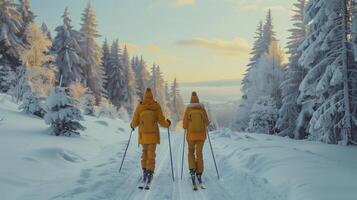 Two hikers in yellow attire savor the tranquility of nature as they trek and ski uphill on a snowy trail at sunset photo