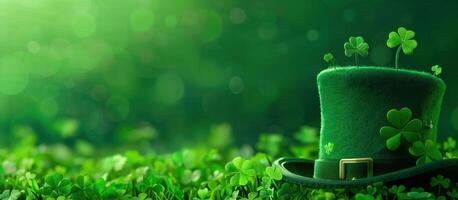 Green leprechaun hat with buckle lying on a patch of shamrocks with a bright green background photo