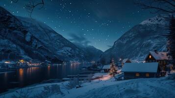 Tranquil fjord-side village is illuminated by a stunning starry night sky photo