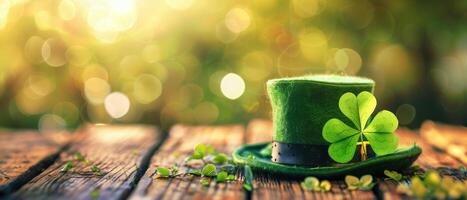 Leprechaun hat with clover on rustic wood against green bokeh background photo