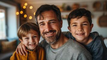 Father embracing his sons with love and joy at home, surrounded by warm light and cherished memories photo