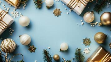 Christmas decoration with gifts and baubles forming a frame on a blue background with copy space photo