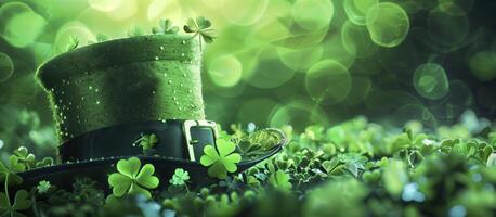 Leprechaun hat is laying on a bed of shamrocks with a bright green background for st patrick's day photo