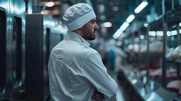 Food factory employee in cleanroom attire stands with arms folded, observing the production line with contemplation photo