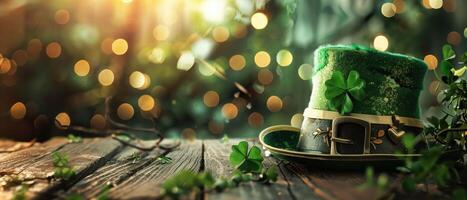 St patrick's day a leprechaun hat on a rustic wooden table surrounded by shamrocks and a shimmering green backdrop photo