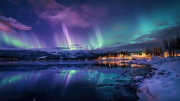 Aurora borealis lighting up a winter scene with a frozen lake mirroring the stunning sky photo