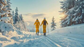 Skiers happily glide through a serene pine forest on a snowy trail at sunset, immersed in the beauty of nature photo