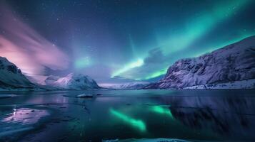 Aurora borealis illuminating a frozen fjord with snowy mountains and a starry night sky photo