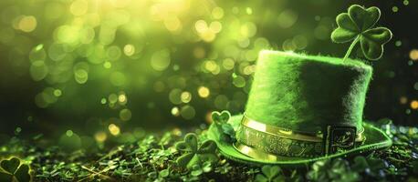 Leprechaun's hat rests on shamrocks in a sunlit forest, hinting at saint patrick's day festivities photo