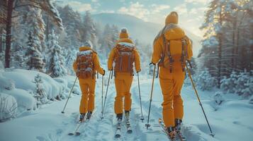 Three skiers are enjoying a beautiful winter day as they explore a snow covered forest at sunset photo