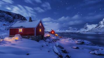 Glowing red wooden cabins covered in snow line the shore of a fjord in lofoten, norway photo