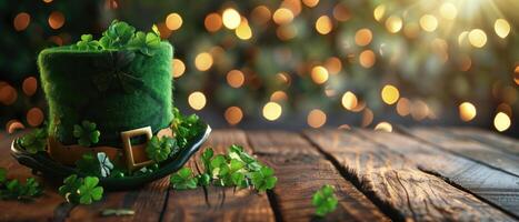 Leprechaun hat is sitting on a rustic wooden table with sparkling shamrocks, evoking the festive spirit of saint patrick's day photo