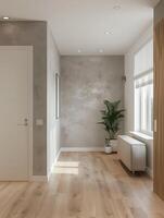 Modern, minimalist hallway with warm sunlight, concrete walls, and oak floors. Clean, stylish design with elegant furniture and plants. White, gray, and brown tones add warmth photo