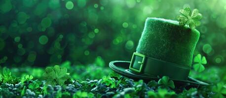 Leprechaun hat is lying on shamrocks in a magical forest, evoking the spirit of saint patrick's day photo