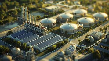 Modern biogas plant with solar panels on the roofs providing renewable energy, captured from above photo