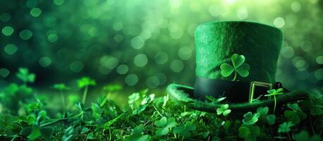 Leprechaun hat with buckle surrounded by shamrocks on a sparkling green background for st. Patrick's day photo