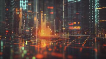 Futuristic cityscape at night with vibrant orange lights and data streaming, creating an abstract concept photo