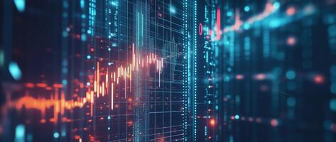 Virtual space with blue and red lights illuminates a flowing stream of financial data photo
