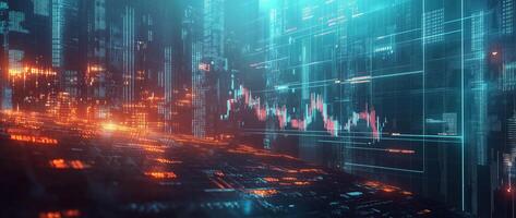 Dynamic stock market represented by a futuristic cityscape with glowing lights and digital data streams photo