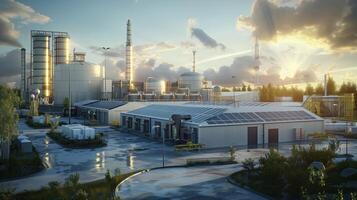 Biofuel refinery harnesses sustainable solar power against a vibrant sunset backdrop photo