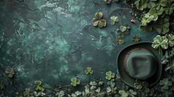 St. Patrick's day celebration concept with a green hat on a green background surrounded by shamrock clovers photo
