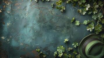 Festive saint patrick's day background with green hats and shamrock clovers on a textured backdrop photo