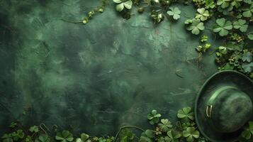 St. Patrick's day scene with a green leprechaun hat on an emerald background and framed by shamrocks photo