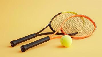 Two tennis rackets with orange and black details lying on a yellow surface with a tennis ball photo